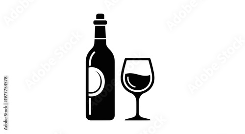 Elegant Wine Bottle and Glass Icon Silhouette on White Background