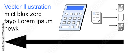 Data processing, workflow management, calculation systems, information flow, organization, technology. a calculator, connected files diagram and arrow. Data processing and workflow management