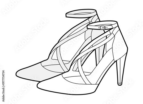 Ankle strap stiletto shoe women sketch pair. Strappy dress sandal shoe for party, wedding, evening outfit. Technical fashion illustration, CAD mockup, detailed vector men unisex isolated elegant style