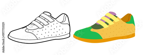 Velcro sneaker shoe flat plus line set. Practical strap footwear for family look, kids fashion, lifestyle design for man woman unisex. Technical fashion illustration, CAD mockup vector isolated style.