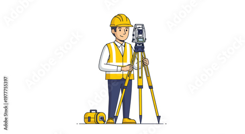 Surveyor with Theodolite and Gear on Construction Site