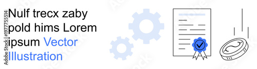 Business processes, legal agreements, certification systems, quality assurance, financial transactions, payment validation. Gears, a document with a seal and a falling coin. Business processes