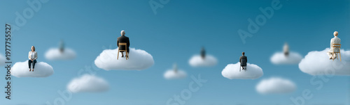 Celestial Contemplation: Miniature figures perch serenely atop fluffy clouds, drifting against a vast, azure sky, creating a whimsical and surreal scene.
