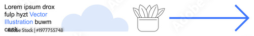 Technology, data transfer, cloud storage, connectivity, digital systems, innovation. A cloud, potted plant and a forward arrow. Technology and data transfer concept
