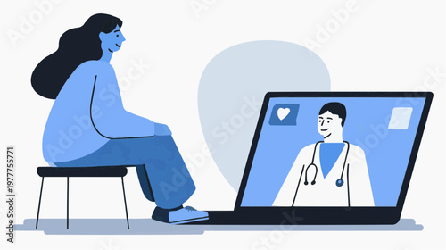 Flat vector illustration of a person having an online consultation with a doctor on a laptop, suitable for telemedicine services, healthcare websites, or digital health promotions.