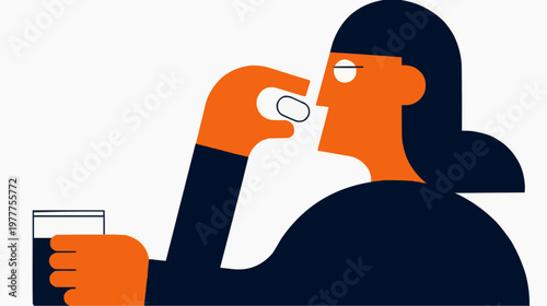 Flat vector illustration of a person taking a pill with a glass of water, suitable for health articles, medical websites, or pharmaceutical advertisements.