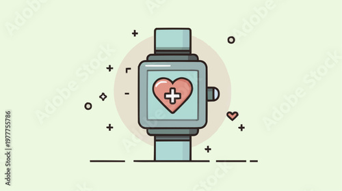 Flat vector illustration of a minimalist smartwatch with a heart rate monitor, perfect for health apps, fitness promotions, or technology blogs.