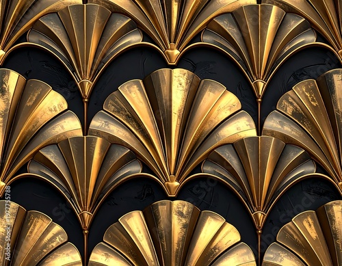 Golden fan-shaped art deco pattern on a dark background