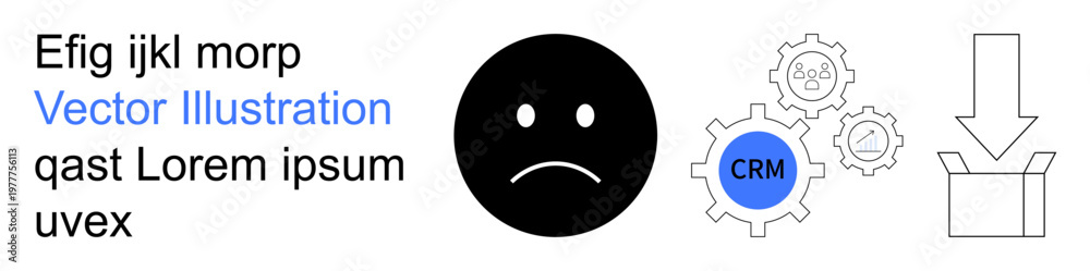 Fototapeta premium Business management, technology integration, user-centered design, customer relationship, workflow, data solutions. Sad face icon with gears and CRM label alongside a download box. Business