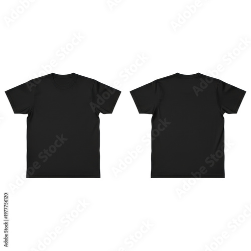 Front and back views of a classic black cotton crew neck tshirt laid flat on a transparent studio background with neutral lighting commercial product concept