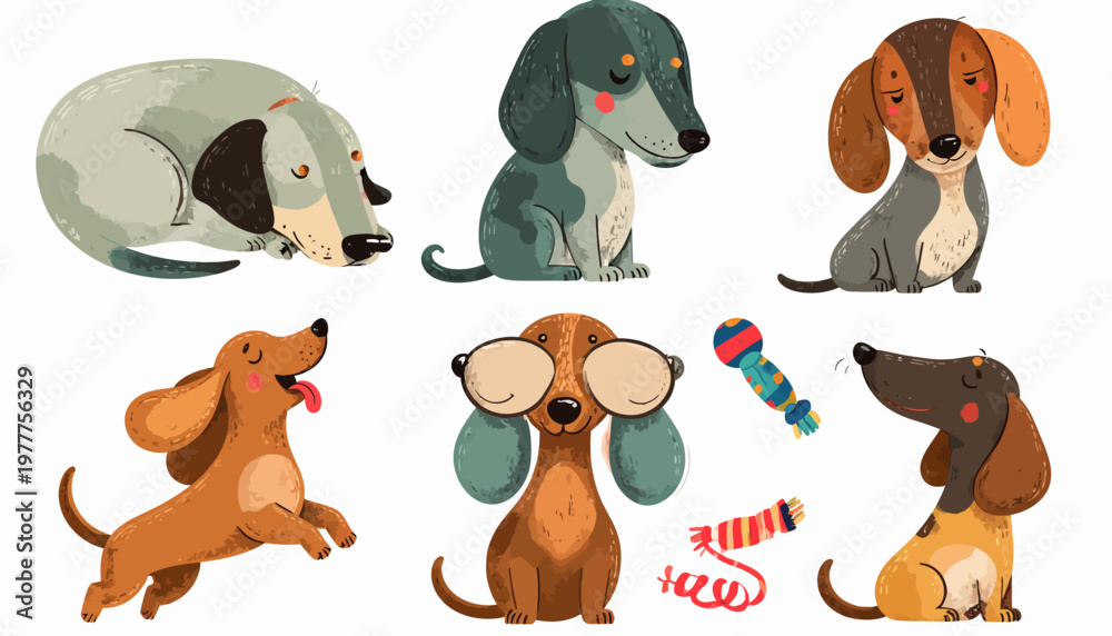 Fototapeta premium Adorable Dachshund Dogs Collection Cartoon Style Illustrations.