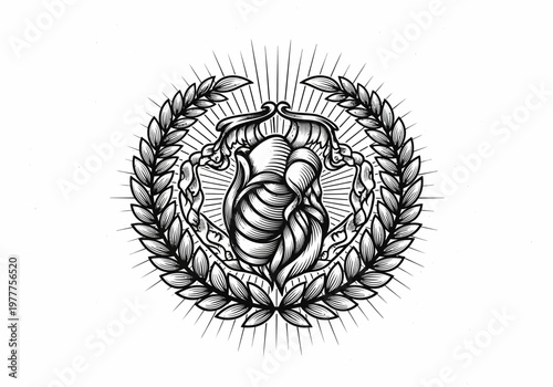 Ornate classic style badge illustration decorative pitcher encircled by a laurel wreath and sunburst rays