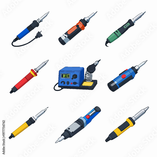 Colorful electric soldering irons and station on clean white