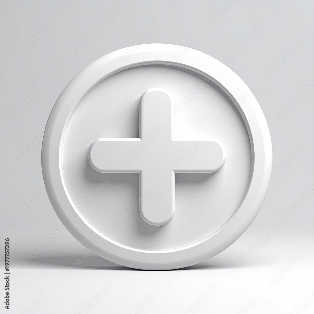 Obraz premium White plus sign in a circle 3D rendering medical cross symbol addition icon on clean white background clinical assistance health care aid