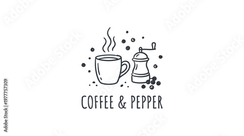Coffee Cup Pepper Mill and Coffee Beans Doodle