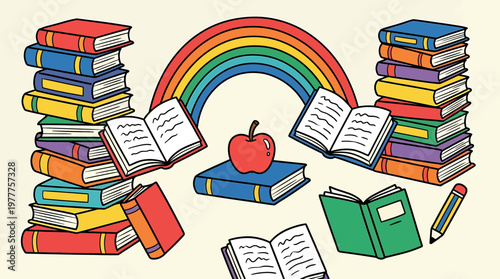 Stacks of colorful books arranged under a vibrant rainbow, with an apple atop one and a pencil nearby