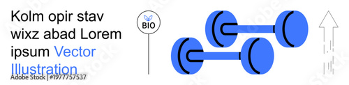 Fitness, health, nutrition, progress, exercise, gym equipment. Two blue dumbbells with bio label and upward arrow. Fitness and health concepts progress and vitality
