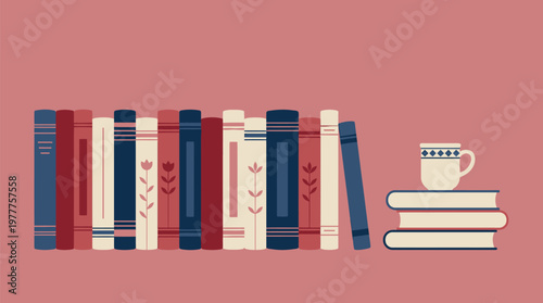 A cozy scene featuring a collection of books and a mug, perfect for a reading session. The books are arranged on a shelf. The mug is placed next to them