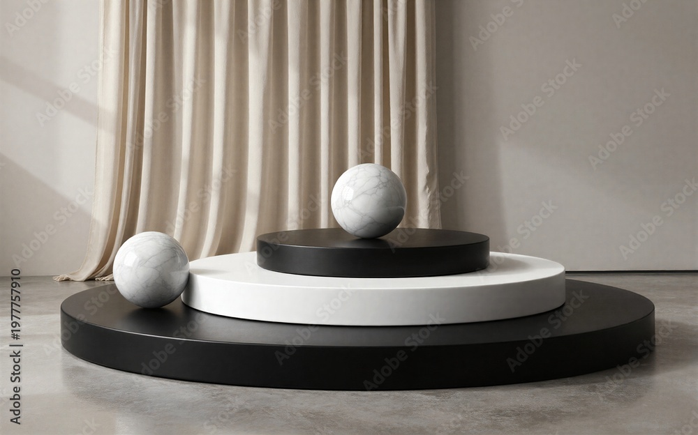 Obraz premium Minimalist display of marble spheres on tiered black-white platform