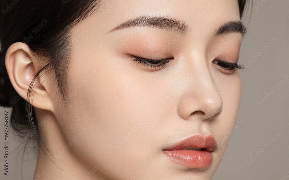 Fototapeta premium Soft makeup closed eyes serene expression on dark background.