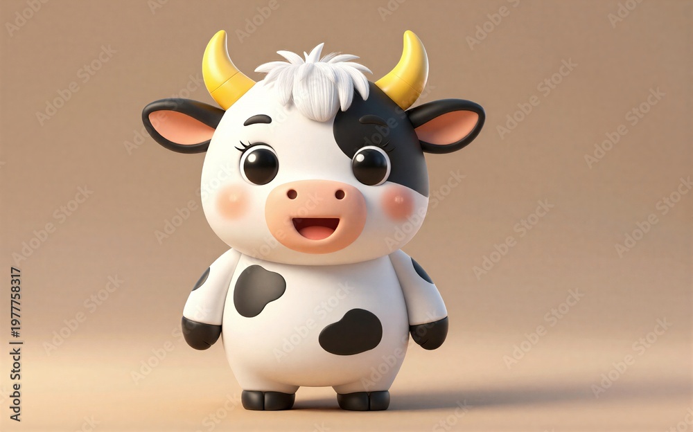 Fototapeta premium Cute cartoon cow with big eyes and yellow horns smiles happily.