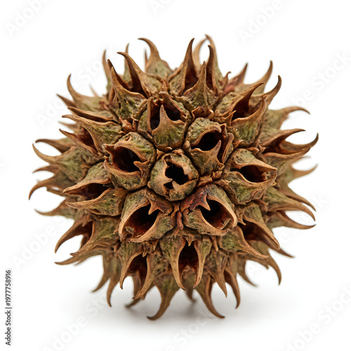 Closeup of a Sweetgum tree seed pod with spiky exterior.