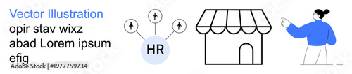 Human resources, small businesses, hiring, workforce management, entrepreneurship, employment. A store, HR icon with arrows and a character in blue. Human resources and hiring