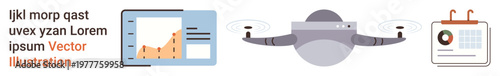 Data analytics, automation, task planning, remote technology, efficiency tools, business trends. Graphs, quadcopter technology and a calendar interface. Data analytics and automation concept