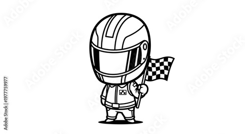 Racing driver cartoon character with checkered flag.