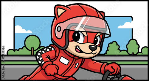Cartoon dog wearing racing gear speeding.