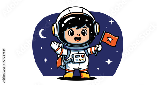 Cartoon astronaut in space with flag.