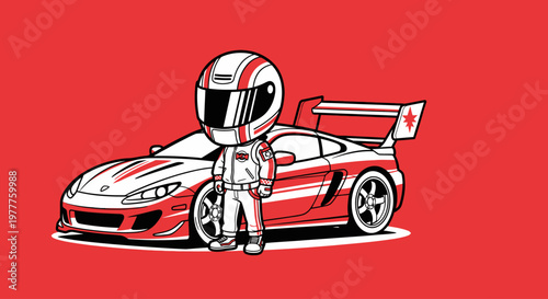 Racing driver standing beside sports car.