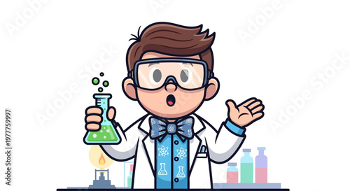 cartoon scientist in lab coat.