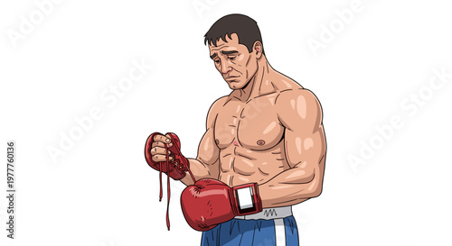 Sad Boxer Unlacing Gloves: Emotional Defeat, Retirement Symbol, Strong Male Athlete, Isolated on transparent background, Vector Illustration for Sports Marketing