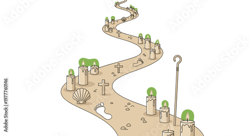 Spiritual Camino de Santiago Path with Candles, Crosses, and Footprints: Vector Illustration, Pilgrimage Route, Isolated on Transparent Background