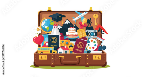 Open Suitcase Full of Memories & Travel Souvenirs, Adventures, and Life Events, Representing Exploration and Nostalgia isolated on transparent background, Vector Illustration.