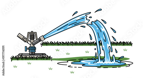 Garden Irrigation Sprinkler with Fresh Water Flow Cartoon Style. Lawn Watering System, Agriculture and Gardening Tool, isolated on transparent background.