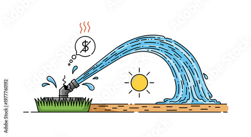 Leaky Garden Hose: Water Waste and Money Loss Concept, Cartoon Style Illustration isolated on transparent background. Repair Costs, Irrigation Problems, Bad Gardening Equipment