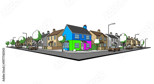 Cartoon Colorful Houses Neighborhood Vector Illustration, Home Ownership Concept. Suburban Street Scene with Family Residences, Isolated on transparent background for Design.