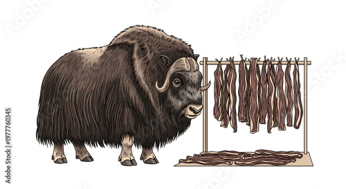 Funny Muskox Guarding Strips of Delicious Beef Jerky; Unique Animal Illustration Isolated on transparent background for Commercial Use.