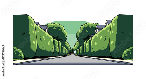 Suburban Street Cartoon: Perfect Green Hedge Lined Road, Serene Neighborhood Vector Art for Real Estate & Community Designs, Isolated on transparent background.