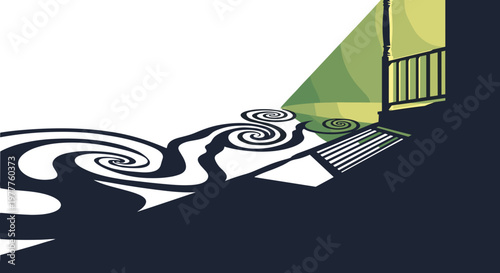 Eerie Balcony Illustration, Surreal Scene: Vector Silhouette with Dramatic Lighting and Shadow Swirls Isolated on Transparent Background for Halloween Design Elements.