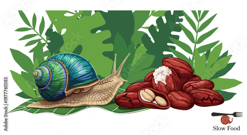 Slow Food Concept: Detailed Snail with Kola Nuts, Healthy Edible Ingredients, and Green Leafy Background, Artistic Vector Illustration isolated on transparent background.
