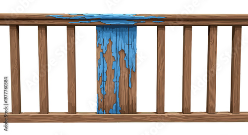 Faded Blue Paint on Old Wooden Railing. Time for Renovation and Upkeep. Weathered Exterior Detail Isolated on Transparent Background. Home Improvement Project Clip Art.