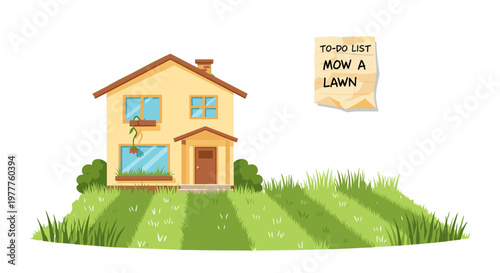 Suburban House Lawn Care To-Do List Cartoon Vector Illustration: Homeowner Mowing Lawn Tasks, Property Maintenance Schedule, Isolated on transparent background.