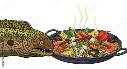 Hungry Moray Eel Cartoon About To Eat Seafood Paella Illustration Isolated on Transparent Background. Unhealthy Food Concept, Danger From Sea. Delicious Spanish Cuisine.