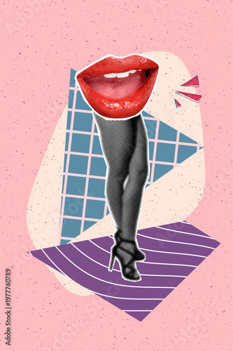 Vertical halftone vector pop art collage: lips, smile, legs, figure, erotic seductive girl, billboard, comics, zine, minimalism.