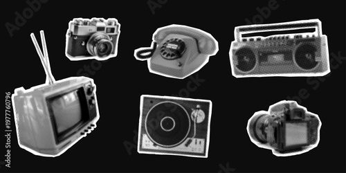 A set of vector stickers featuring vintage electronics in a halftone dot art style. Retro TV, camera, telephone, and tape recorder. Monochrome design for posters and art with a 2000s theme.