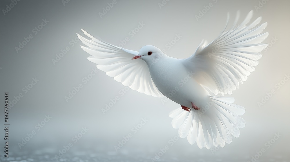 Fototapeta premium A white dove flying with wings spread wide in a gray background