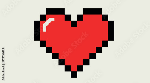 A classic 8-bit pixel art heart icon in vibrant red with a black border and a white highlight, designed in a retro video game aesthetic.